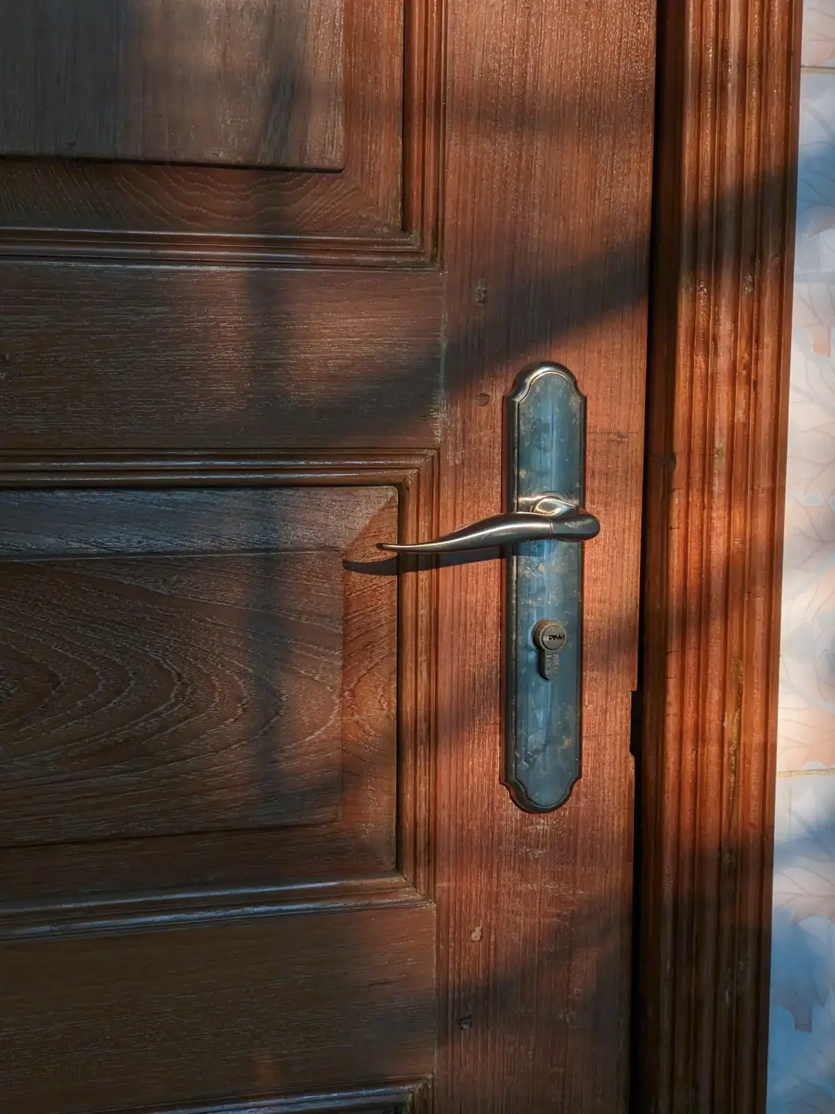 close-up of a dark wooden door edge with a long metal lever handle and keyhole plate, lit by low sun
